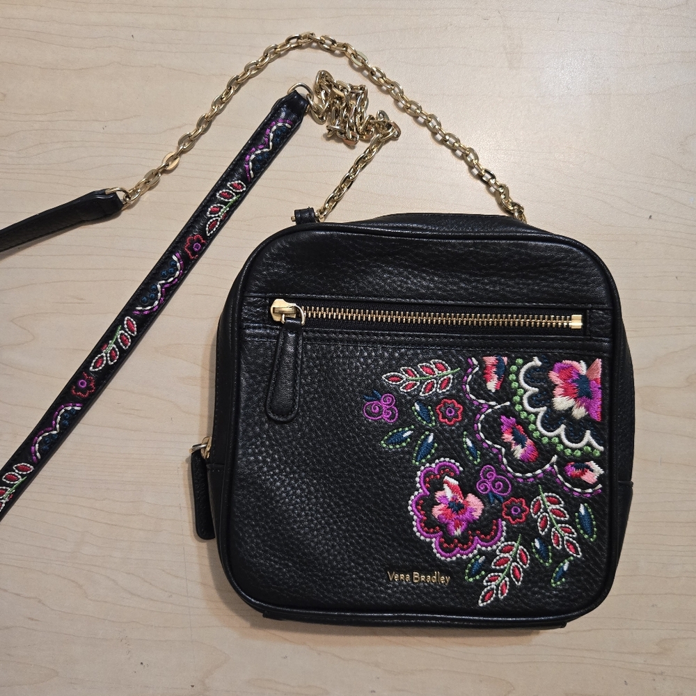 Embroidered Leather Crossbody – Black with Floral & Gold Chain Strap